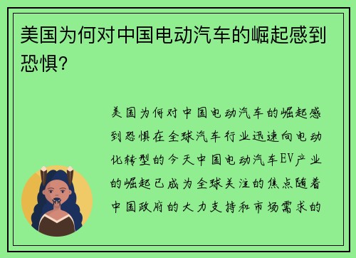 美国为何对中国电动汽车的崛起感到恐惧？