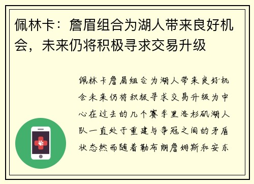 佩林卡：詹眉组合为湖人带来良好机会，未来仍将积极寻求交易升级