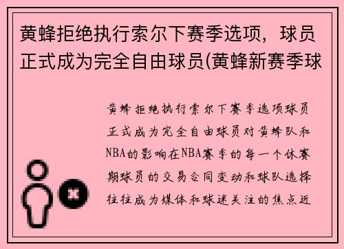 黄蜂拒绝执行索尔下赛季选项，球员正式成为完全自由球员(黄蜂新赛季球衣)